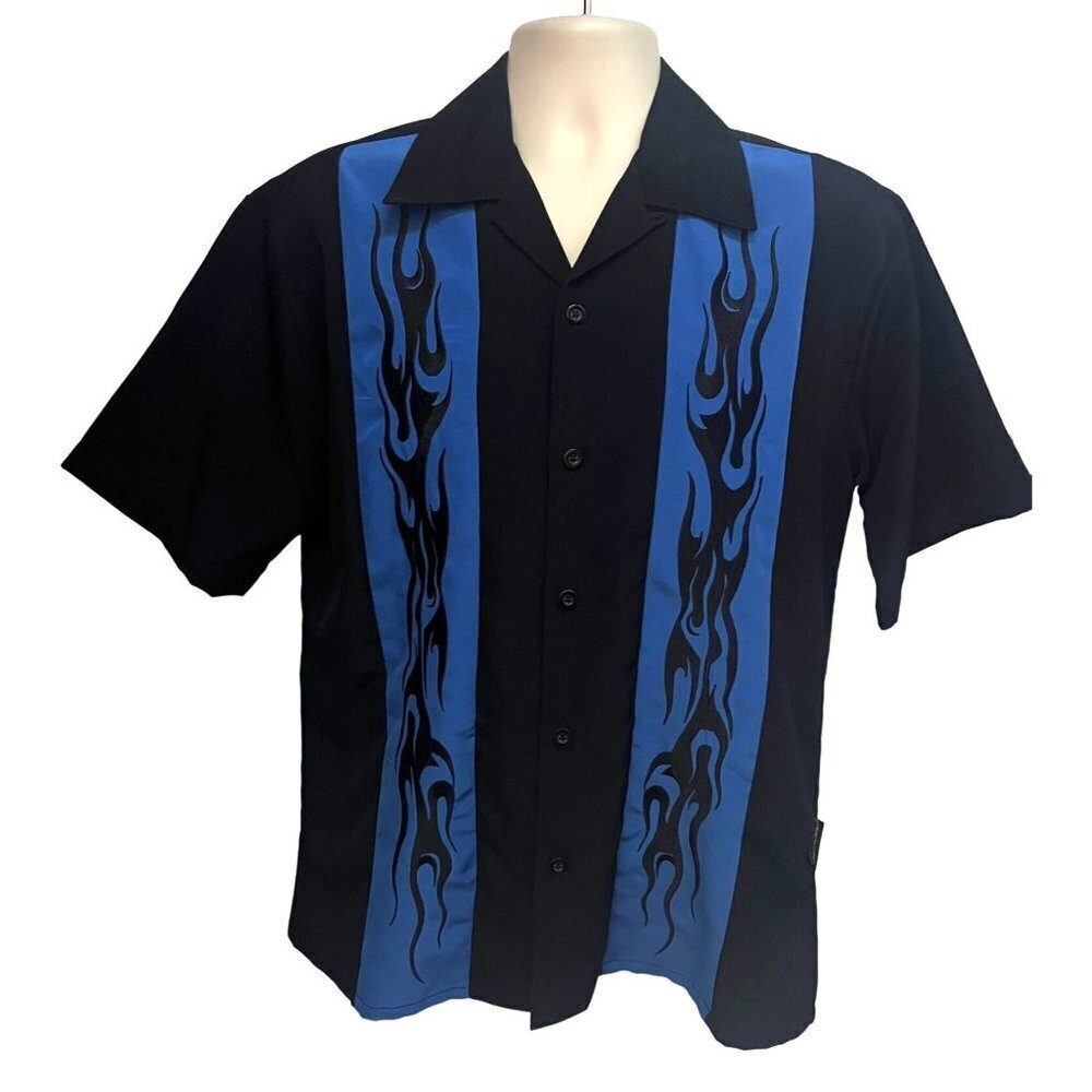 Mens Vintage Colorblock Black Blue Button Up Rockabilly Camp Embroidered Flames